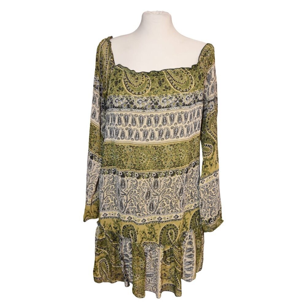 Wet Seal Y2K Paisley Chiffon Flutter Hem Pea Green Dress Goblincore Medium
